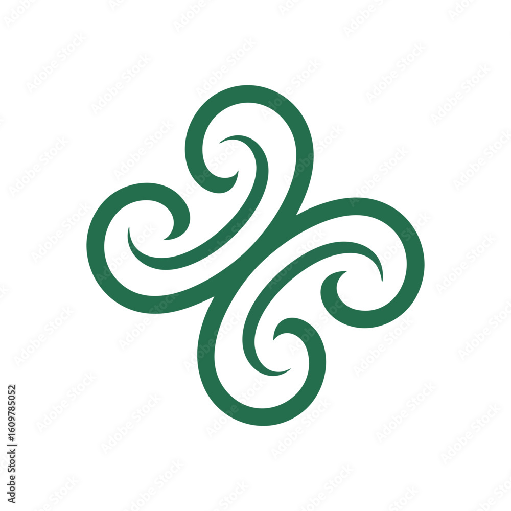 Fototapeta premium Green Swirl Art Design. A captivating symmetrical pattern featuring four interconnected deep spirals on a dark background. This graceful emblem signifies constant renewal, natural flow, and enduring.