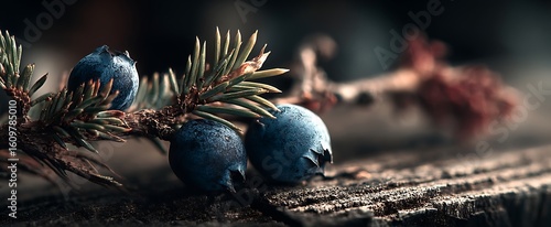 Closeup of Juniper Berries on Branch with Nature Background, and Macro Photography.