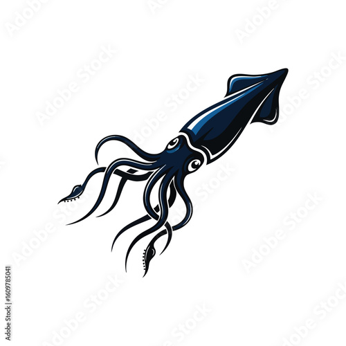 Deep Sea Squid Illustration. A captivating graphic of a dark blue cephalopod, gracefully rendered against a solid, dark backdrop. This creature evokes the mysterious depths of ocean life.