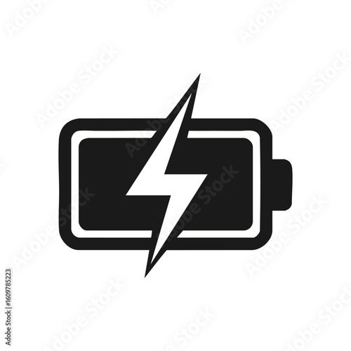 Charging Battery Power Icon. Monochromatic graphic representing an energy accumulator being replenished. Signifies full potential, readiness, and modern electrical capacity.