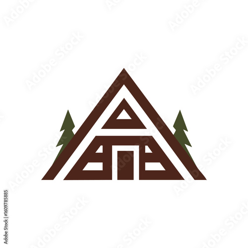 Minimalist Forest Lodge Symbol. This geometric illustration features a cozy A-frame dwelling with tall pines, evoking feelings of peaceful retreat and wilderness adventure.
