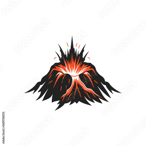 Dynamic Lava Eruption Illustration. Striking graphic of an active mountain releasing molten material and fiery plumes. Conveys immense natural power, explosive energy, and danger.