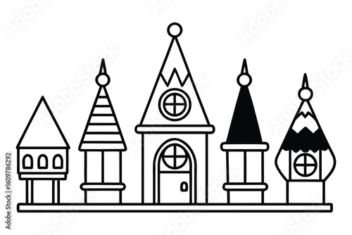 Vector illustration of a medieval church tower in a village morning scene