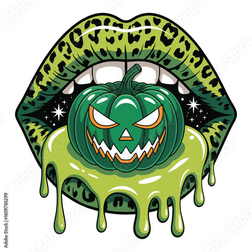 A pair of glamorous neon green lips adorned with a bold
leopard print pattern that pops with vibrant energy.