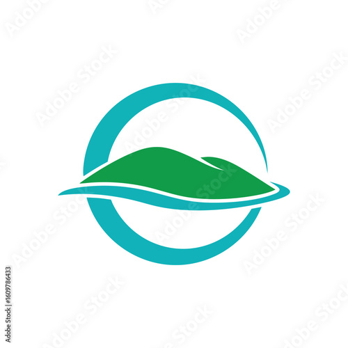 Minimalist Nature Cycle Emblem. Abstract emblem with green terrain over blue liquid, framed by a crescent. Symbolizes ecological balance, organic growth, and environmental wellness. Evokes serene.