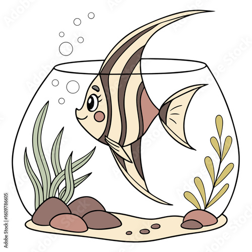 A cute cartoon angelfish swimming in a small fishbowl with plants