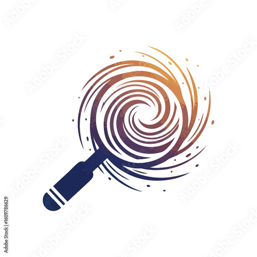 Dynamic Swirl Search Lens Design. Abstract digital illustration of a stylized magnifying glass featuring a vibrant white vortex. Represents profound inquiry, revelation, and discovery.