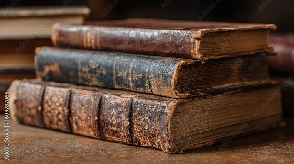 Antique leather bound books stack closeup Antique leather bound books stack closeup