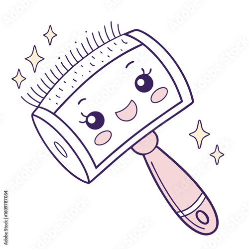 Cute cartoon lint roller with happy face and sparkles