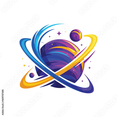 Vibrant Space Planet. A colorful celestial sphere with energetic orbital bands and glimmering starlight. This illustration inspires cosmic journeys, innovative futures, and imaginative realms.