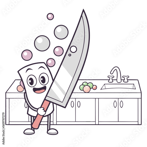 A happy cartoon knife character cleaning in a kitchen sink