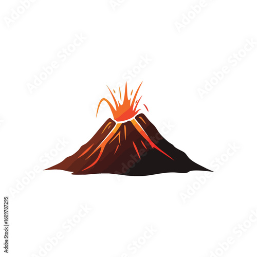 Volcano Erupting Lava Illustration. Stylized mountain bursting with molten rock and fiery plumes. Represents powerful natural forces and a dramatic release of energy.