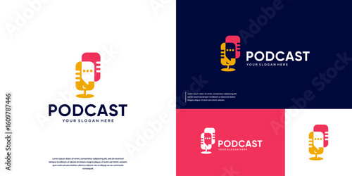 Microphone logo with overlapping style, bubble chat shape, vector icon design.