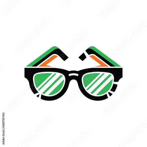 Cool Modern Sunglasses Icon. This vibrant graphic features a sleek eyewear design with green lenses and orange accents. It symbolizes individuality and sunny days.