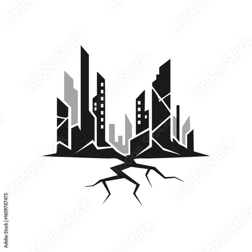 Dark Metropolis in Despair. Stylized graphic of a decaying city with broken structures and earth fissures. Represents urban fragility, global challenges, and collapse.