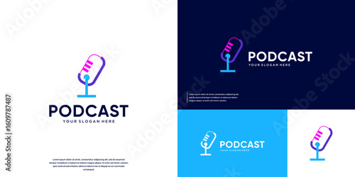 Simple microphone podcast logo, abstract tech style, vector design template.
