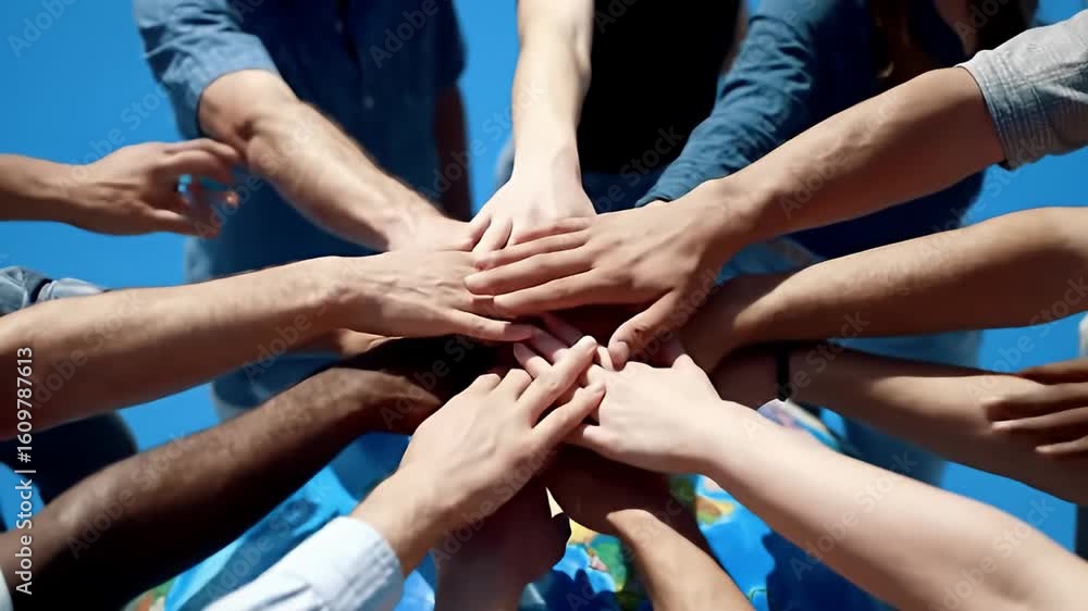 Many diverse hands stacked in the center of the frame against a bright blue backdrop Many diverse hands stacked in the center of the frame against a bright blue backdrop