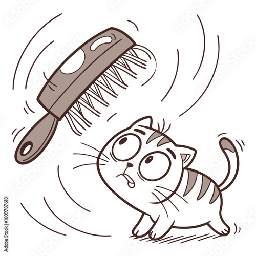 A scared kitten tries to avoid being brushed by a comb