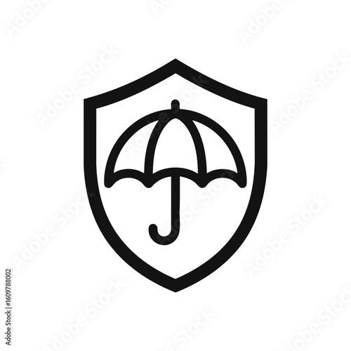 Umbrella Shield Protection Icon. Graphic depiction of a rainshade within a heraldic crest, signifying comprehensive safety. Represents dependable coverage against risks and adverse conditions.