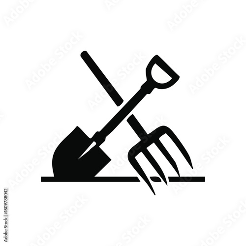 Essential Garden Tools Icon. This minimalist graphic features a spade and fork, symbolizing cultivation, dedication, and the rewarding effort of working with nature.
