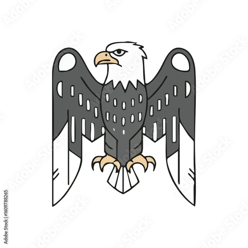 Majestic Eagle Raptor Illustration. Stylized depiction of a formidable avian predator with widespread wings, representing liberty, power, and national pride. Clean graphic design.