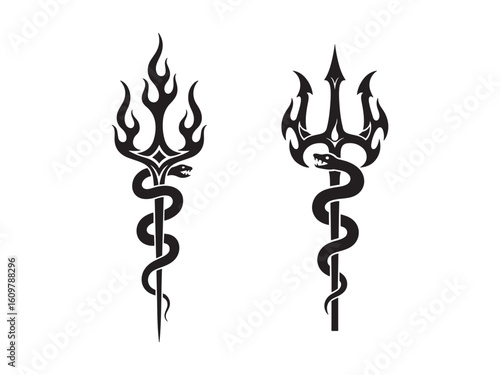 Fiery Trident with Serpent, Two distinct vector designs featuring a stylized trident entwined with a snake and flames