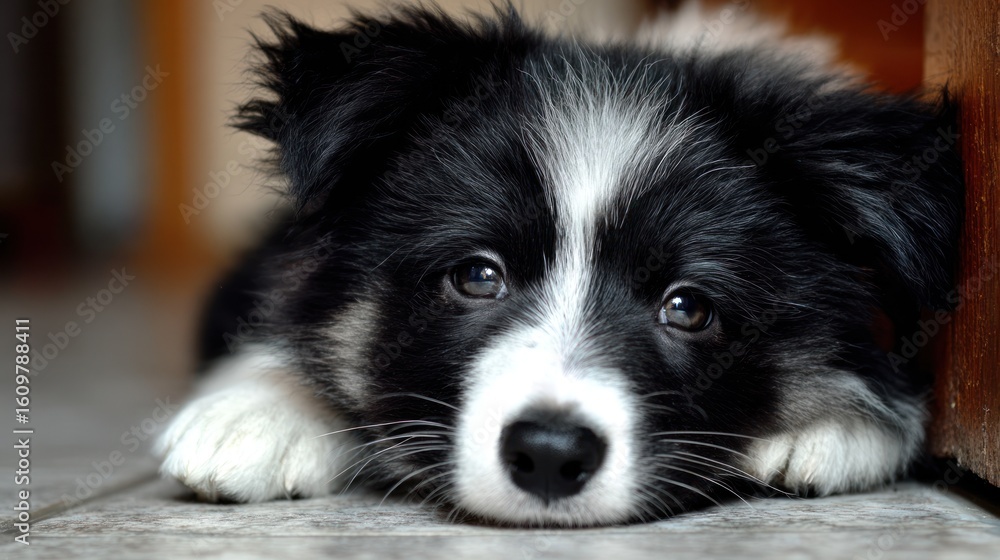 Fototapeta premium Black and white puppy closeup