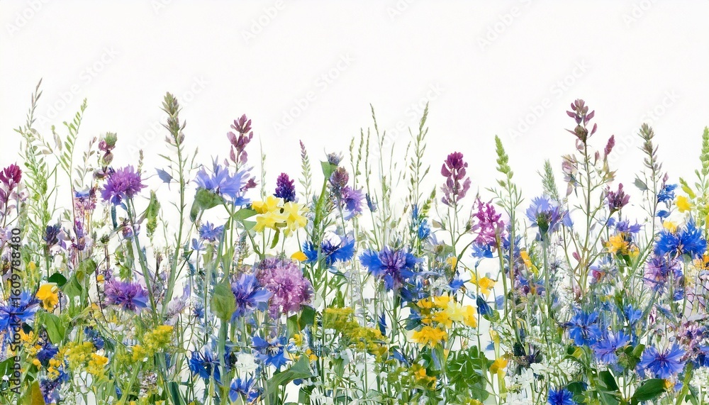 Fototapeta premium Wildflowers, herbs, and field flowers illustrated in delicate watercolor create a seamless floral border on a clean white background, perfect for natural-themed designs, fabric patterns, stationery, a