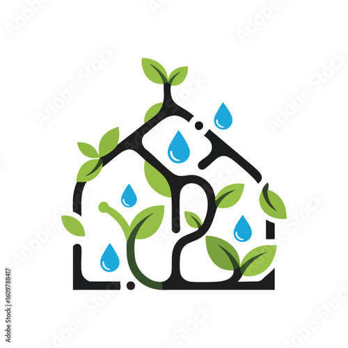 Green Home with Plant and Water. This image symbolizes ecological care and growth. A vibrant sapling thrives within a protective structure, nourished by blue liquid, representing sustainable.