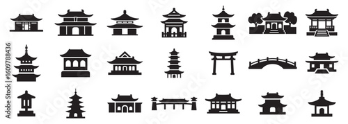 Asian Architecture Icon Set, A comprehensive collection of  black silhouette vector icons featuring traditional Asian temples, pagodas, gates, and bridges