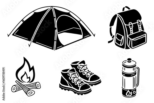 Camping Gear Icons Tent Backpack Boots Fire Thermos.