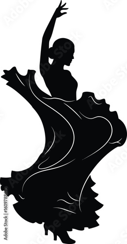 solid silhouette I Female Flamenco Dancer Silhouette Mid-Spin – Flowing Dress Vector in Traditional Pose black and white  on White Background 