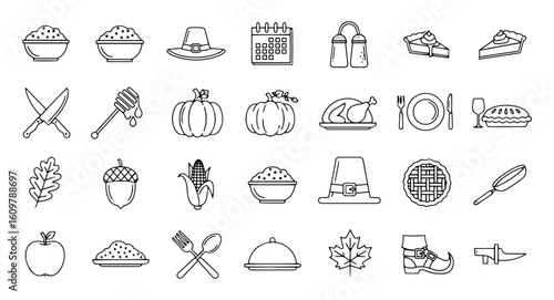 Illustration of thanksgiving themed icons in outline style format For Thanksgiving Vector Design
