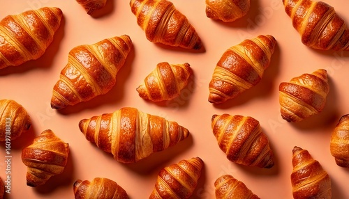 Wallpaper Mural Seamless pattern, croissants, golden-brown, baked goods, pastry, food, texture, delicious, appetizing, breakfast, snack, soft, pastel, peach, background, repeating, design, bakery, culinary, warm, inv Torontodigital.ca