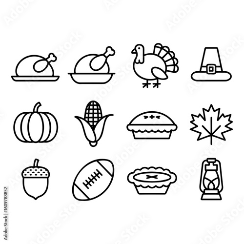 Outline icons depicting thanksgiving related symbols and objects For Thanksgiving Vector Design