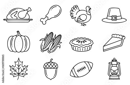 Outlined thanksgiving icons including food and seasonal elements For Thanksgiving Vector Design
