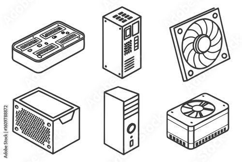 Computer Hardware Components Isometric Line Art.