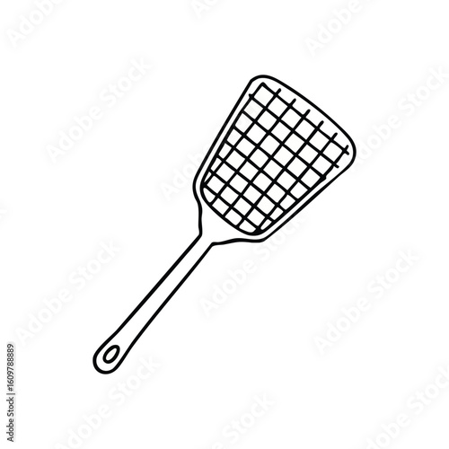 Insect Control Swatter Doodle. A minimalist white outline depicting a common pest elimination implement on a dark background. It represents hygiene, quick solutions, and managing summertime.