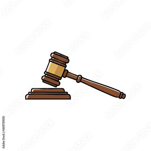 Justice and Order Gavel Illustration. This brown wooden hammer signifies legal proceedings and final verdicts. It conveys authority, fairness, and the power of decision in courts or auctions.
