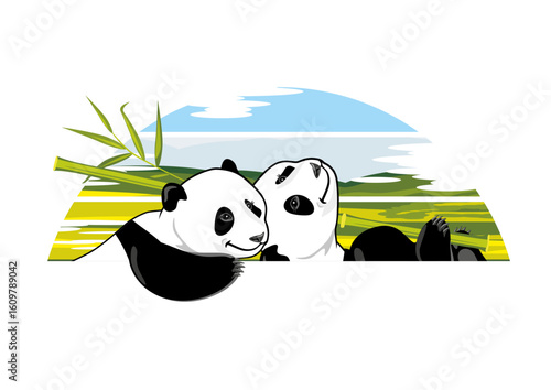 Two happy panda cubs with a bamboo branch