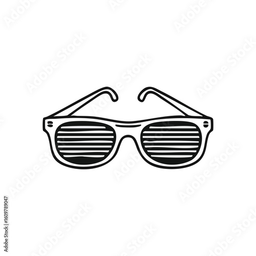 Classic Shutter Party Eyewear. Distinctive white louvered spectacles symbolize a fun celebration and retro music vibe. This graphic accessory embodies individuality and stylish enjoyment.