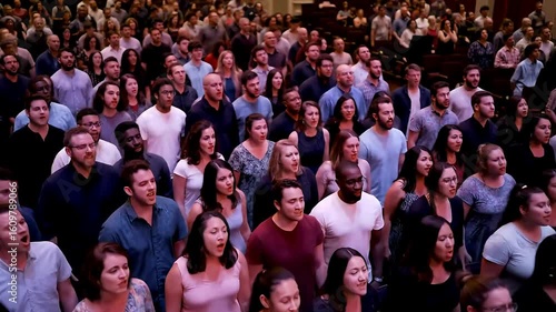Overhead view of diverse group singing, mouths open, in a large auditorium