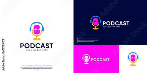 Microphone-shaped character logo, discussion symbol, podcast, vector illustration design.