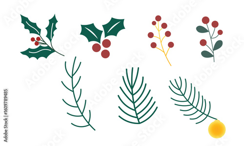 Hand-drawn style Christmas leaves and branches including holly, berries, pine, and fir tree elements. Ideal for winter invitations, greeting cards, decorative borders, and holiday-themed graphics