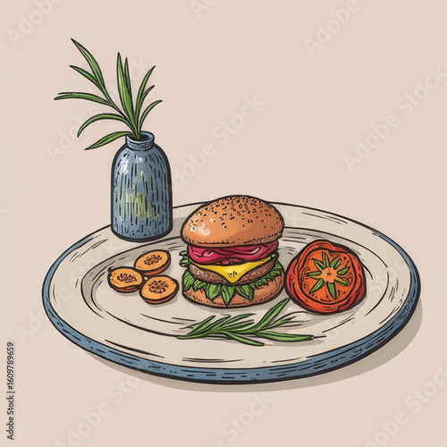 Hand-drawn burger with tomato and rosemary on a plate  