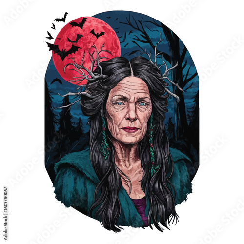 "Witch", in a stylized, Gothic-like font, appears prominently in the foreground. Portrait of an elderly woman