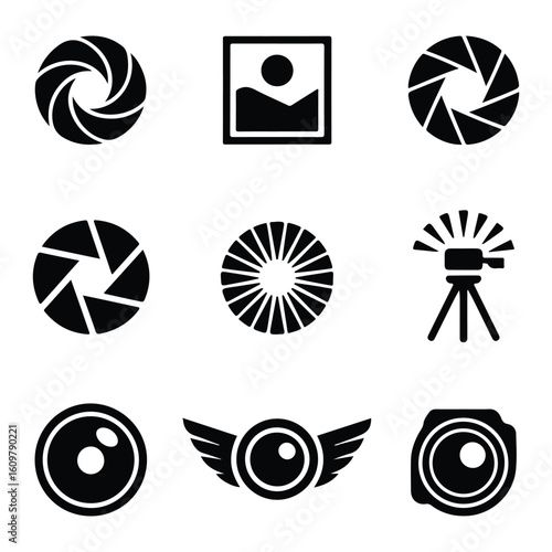 Nine black silhouette icons of camera lenses and photography symbols aperture