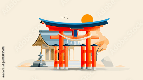 Traditional Japanese torii gate with sunset and temple backdrop  