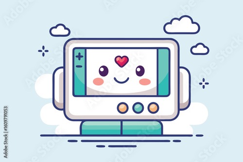 Kawaii Cartoon Monitor with Cute Facial Features Surrounded by Clouds and Sparkles in a Light Blue Aesthetic