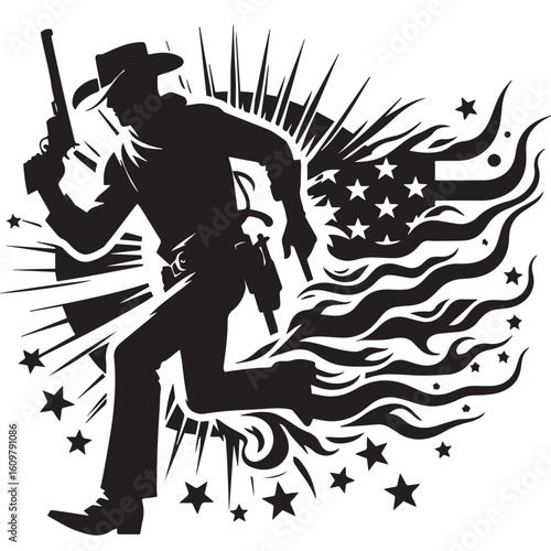 
Silhouette of a Cowboy on Horseback at Sunset

Western Cowboy Silhouette Against Dramatic Sky

Cowboy Riding Horse – Vintage Wild West Silhouette

Lone Cowboy Silhouette with Hat and Lasso

